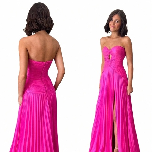 Zapaka Sz 6 Fuchsia Pink A Line Sweetheart Pleated Keyhole Long Prom Dress Slit - Picture 3 of 14